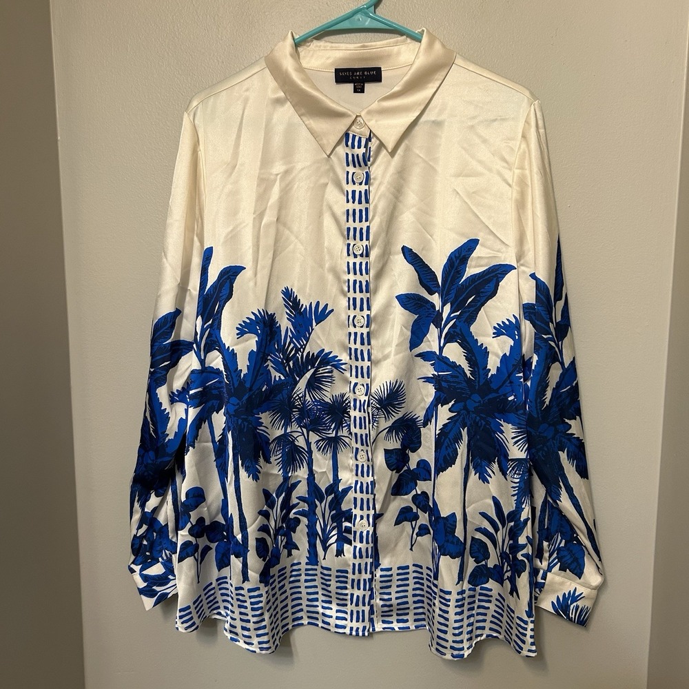 Skies Are Blue Palm Print Satin Button-Down Blouse White & Royal Blue – Size 1X